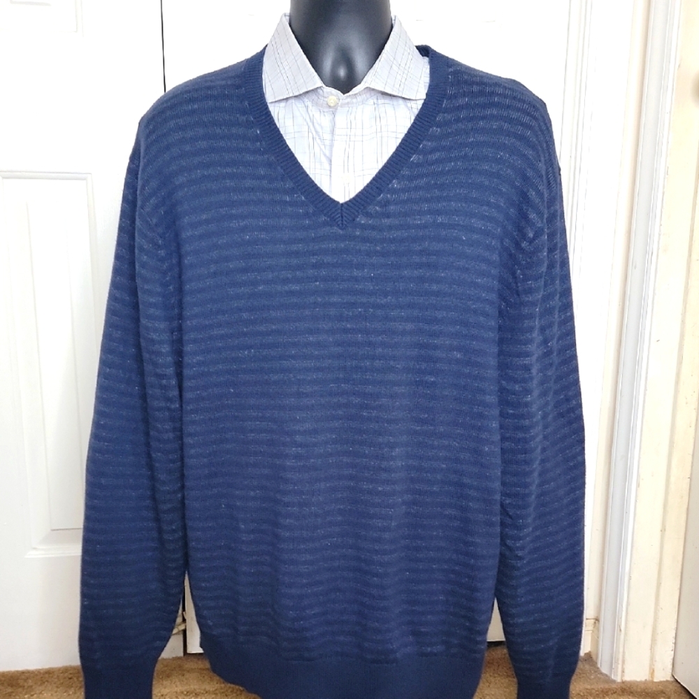 Cremieux Collection Cotton / Cashmere V Neck Sweater Size XL Blue Striped